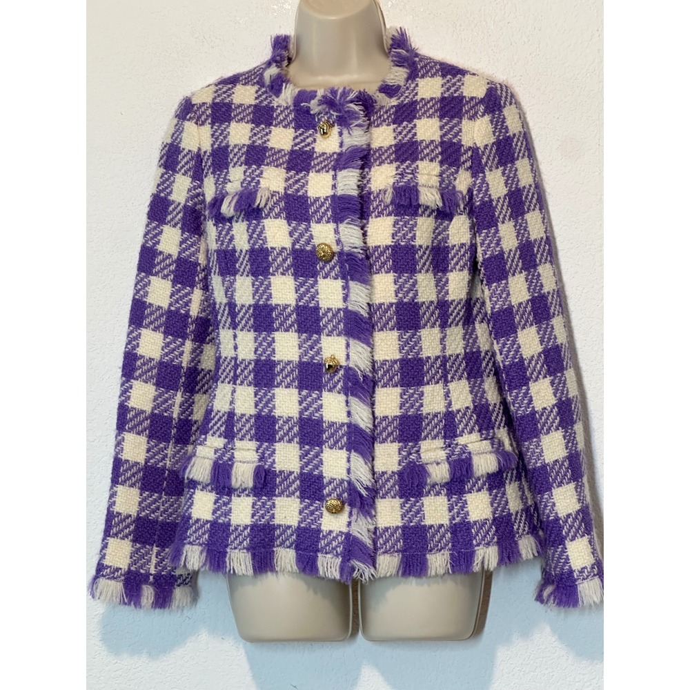 Oscar de la Renta Purple Gingham Virgin Wool Silk Tweed Jacket F23 Size 6 Italy
